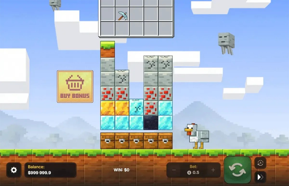 Screenshot of the Mine Slot game in a Minecraft-style landscape, showing stacked block reels with ore symbols, a “Buy Bonus” button, a small chicken character on the right, and the balance, bet, and spin controls along the bottom.