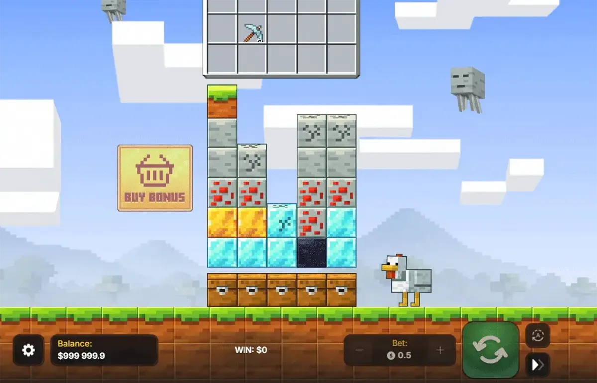Screenshot of the Mine Slot game in a Minecraft-style landscape, showing stacked block reels with ore symbols, a “Buy Bonus” button, a small chicken character on the right, and the balance, bet, and spin controls along the bottom.