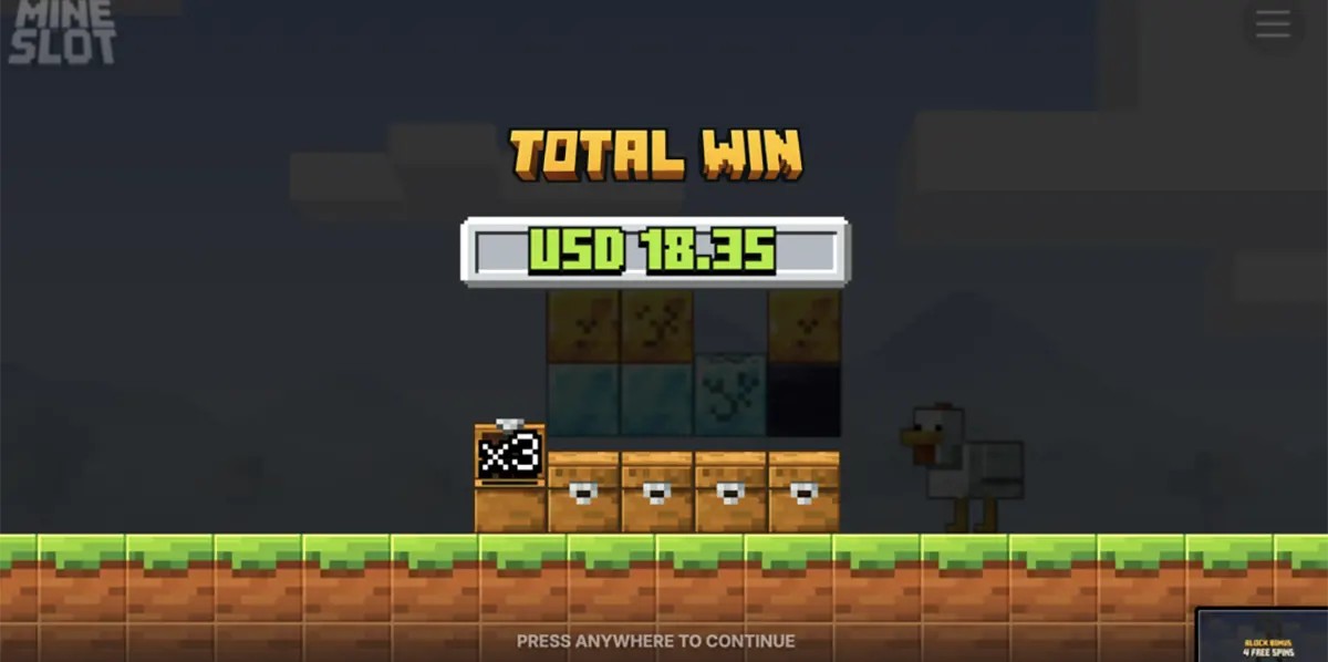 Mine Slot end-of-round screen showing a Minecraft-style block background with “Total Win” displayed as USD 18.35, an x3 multiplier icon, stacked block symbols above treasure chests, and a chicken character on the right.