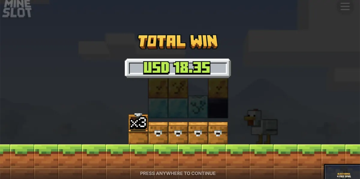Mine Slot end-of-round screen showing a Minecraft-style block background with “Total Win” displayed as USD 18.35, an x3 multiplier icon, stacked block symbols above treasure chests, and a chicken character on the right.